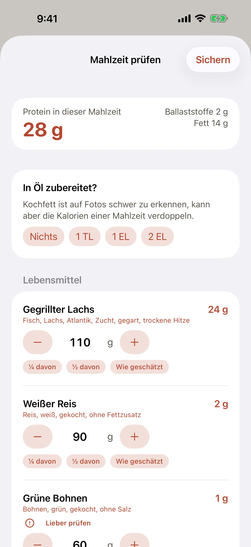 Der Bildschirm „Mahlzeit prüfen“ in Glutide nach einem Foto von gegrilltem Lachs, weißem Reis und grünen Bohnen: insgesamt 28 Gramm Protein, eine Frage zum Kochöl und jedes Lebensmittel mit einem Gewicht in Gramm, das sich ändern lässt.
