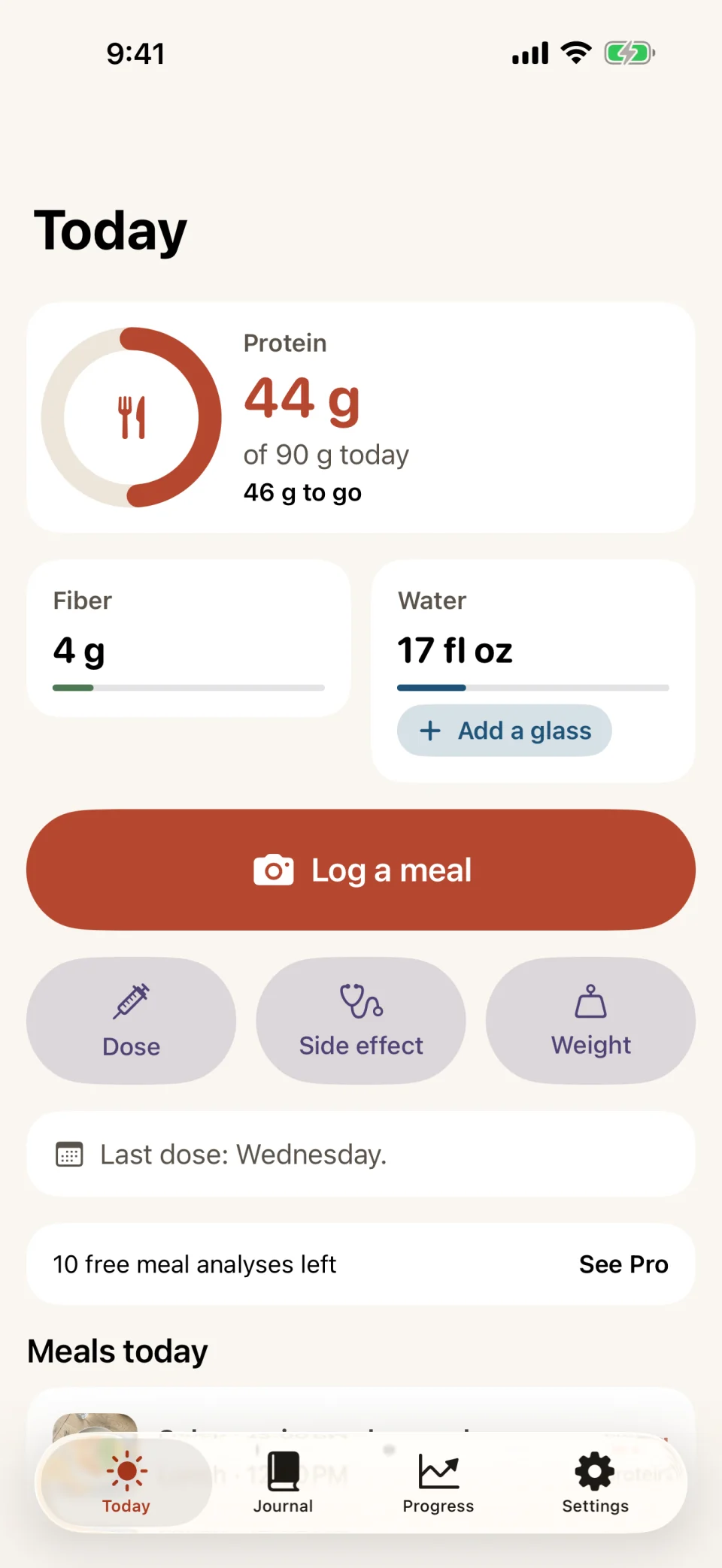 The Today screen in Glutide: a protein ring at 44 of 90 grams, fiber and water bars, a Log a meal button, quick buttons for Dose, Side effect and Weight, and a note that 10 free meal analyses are left.