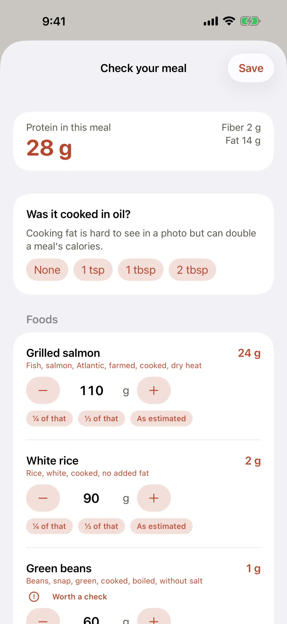 The Check your meal screen in Glutide after a photo of grilled salmon, white rice and green beans: 28 grams of protein in total, a question about cooking oil, and each food with a weight in grams that can be changed.
