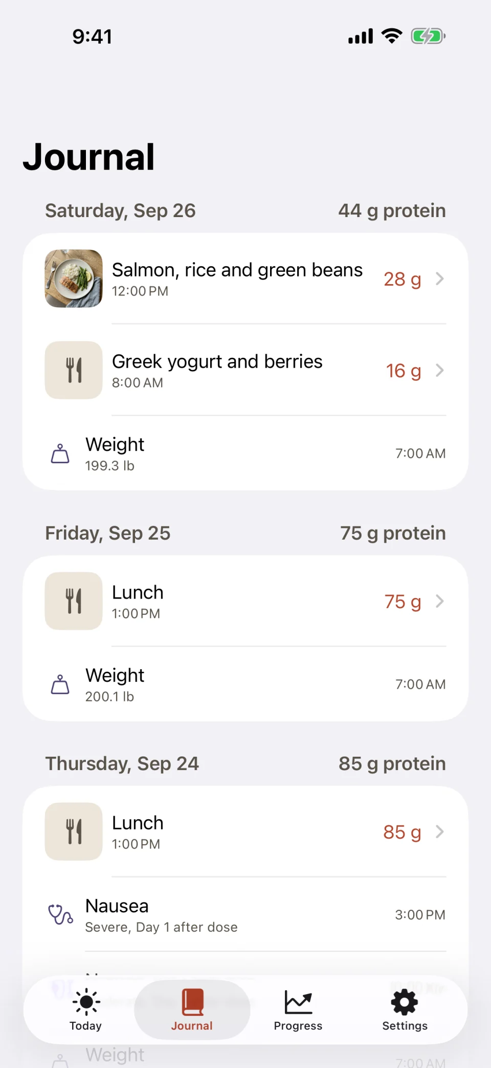 The Journal tab in Glutide: Saturday with 44 grams of protein from salmon with rice and green beans and from Greek yogurt with berries plus a weigh-in, Friday with 75 grams, and Thursday with 85 grams and a logged nausea entry marked severe, day 1 after the dose.