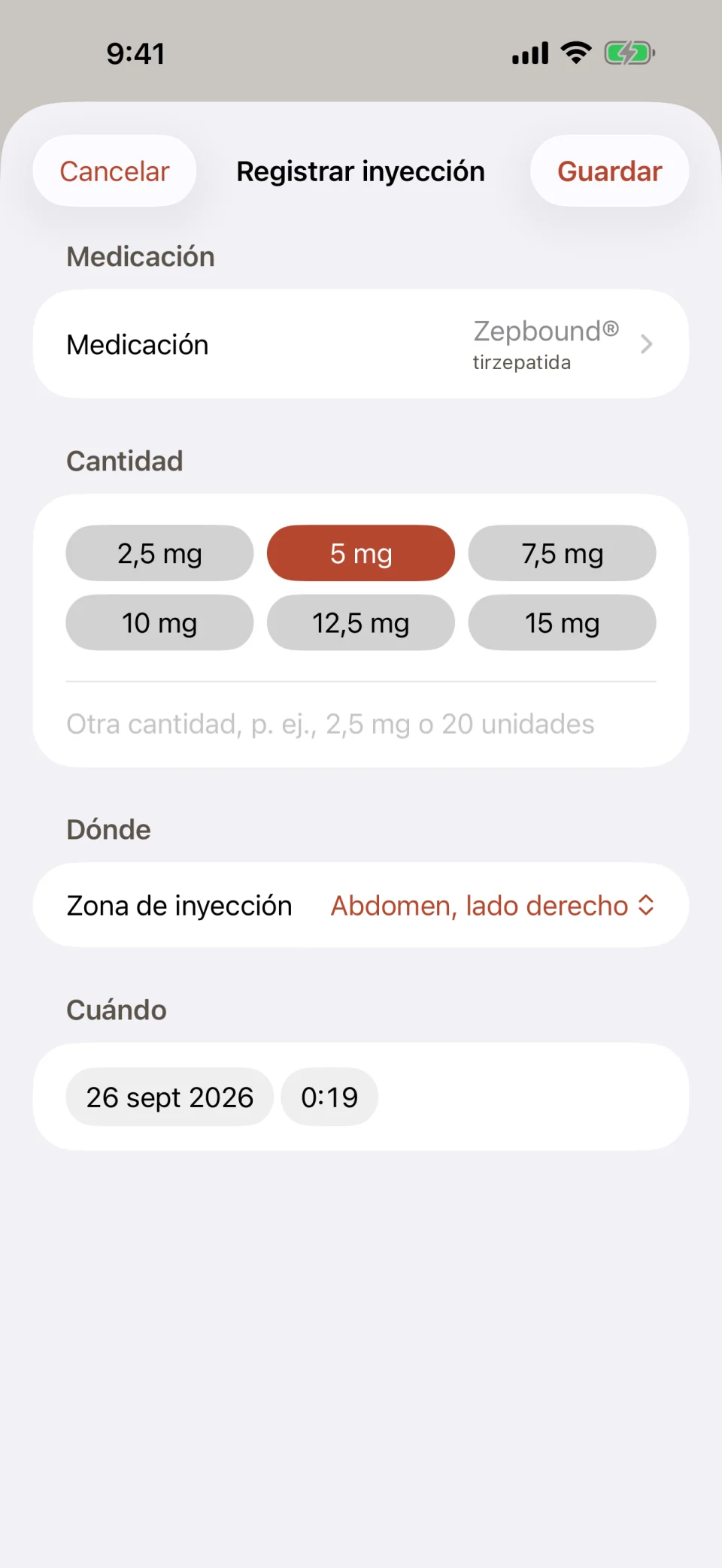 La pantalla Registrar inyección de Glutide: Zepbound (tirzepatida) como medicación, botones de dosis de 2,5 mg a 15 mg con 5 mg seleccionado, la zona de inyección en Abdomen, lado derecho, y la fecha y la hora de la dosis.