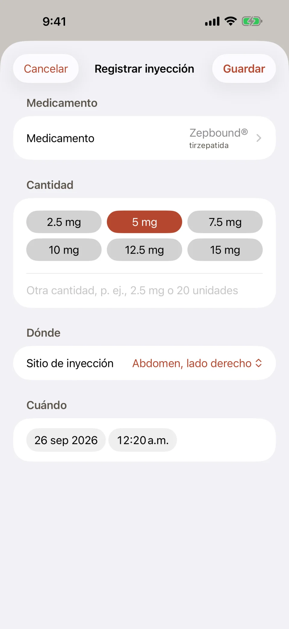 La pantalla Registrar inyección de Glutide: Zepbound (tirzepatida) como medicamento, botones de dosis de 2.5 mg a 15 mg con 5 mg seleccionado, el sitio de inyección en Abdomen, lado derecho, y la fecha y la hora de la dosis.