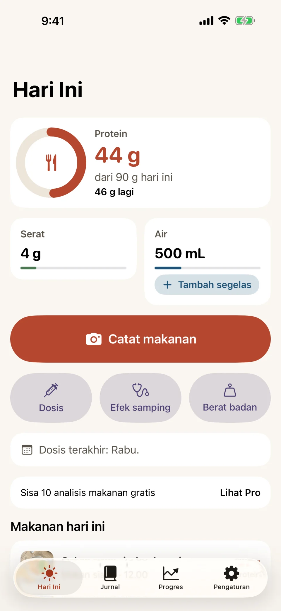 Layar Hari Ini di Glutide: cincin protein di 44 dari 90 gram, batang serat dan air, tombol Catat makanan, tombol cepat Dosis, Efek samping, dan Berat badan, serta keterangan Sisa 10 analisis makanan gratis.