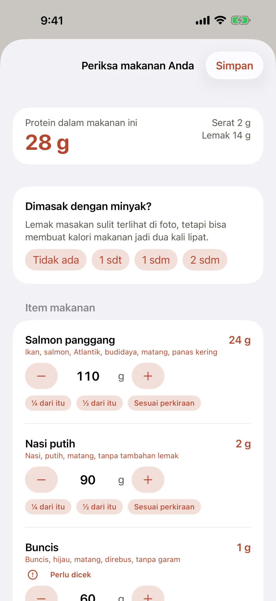 Layar Periksa makanan Anda di Glutide: protein 28 gram untuk salmon panggang, nasi putih, dan buncis, satu pertanyaan tentang minyak goreng dengan pilihan Tidak ada, 1 sdt, 1 sdm, atau 2 sdm, dan setiap makanan dengan berat dalam gram yang bisa dinaikkan, diturunkan, atau dibagi dua.