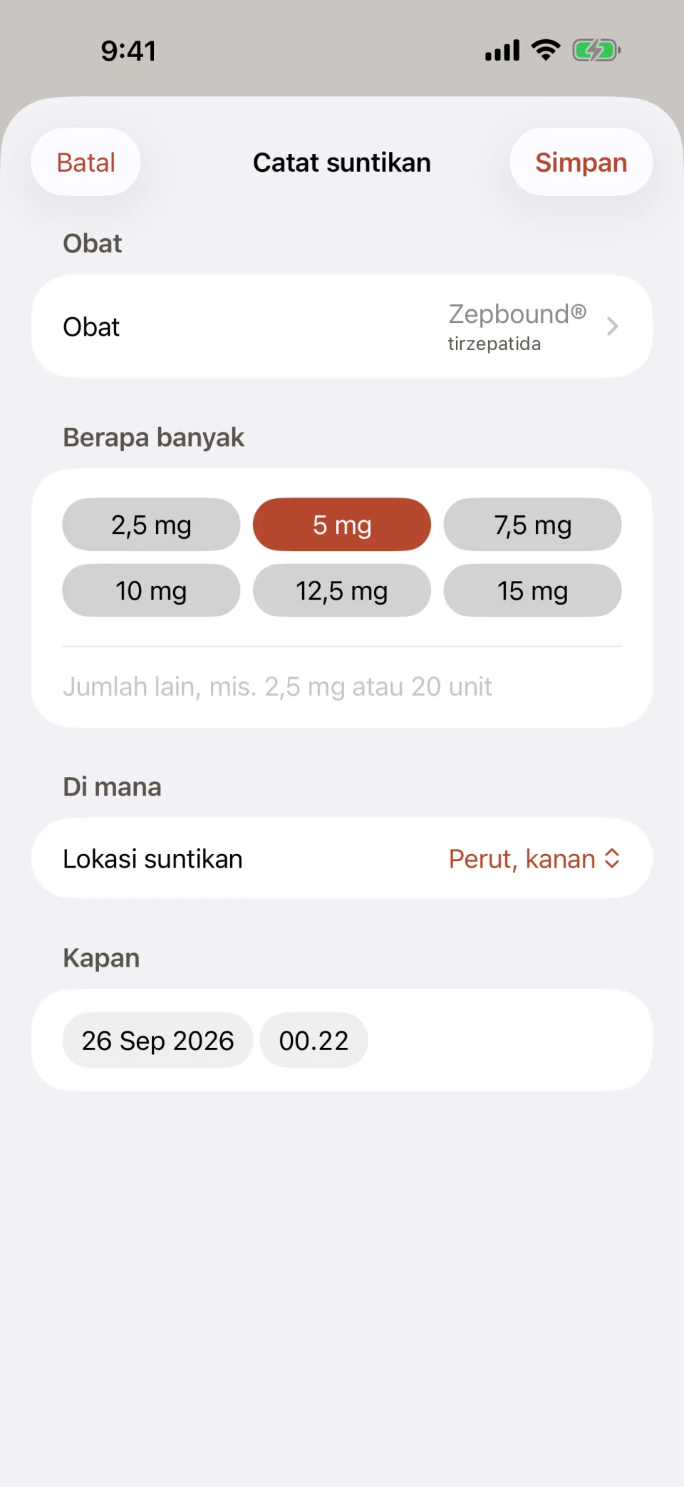 Layar Catat suntikan di Glutide: Zepbound (tirzepatide) sebagai obat, tombol dosis dari 2,5 mg sampai 15 mg dengan 5 mg terpilih, lokasi suntikan diatur ke Perut, kanan, serta tanggal dan waktu dosis.
