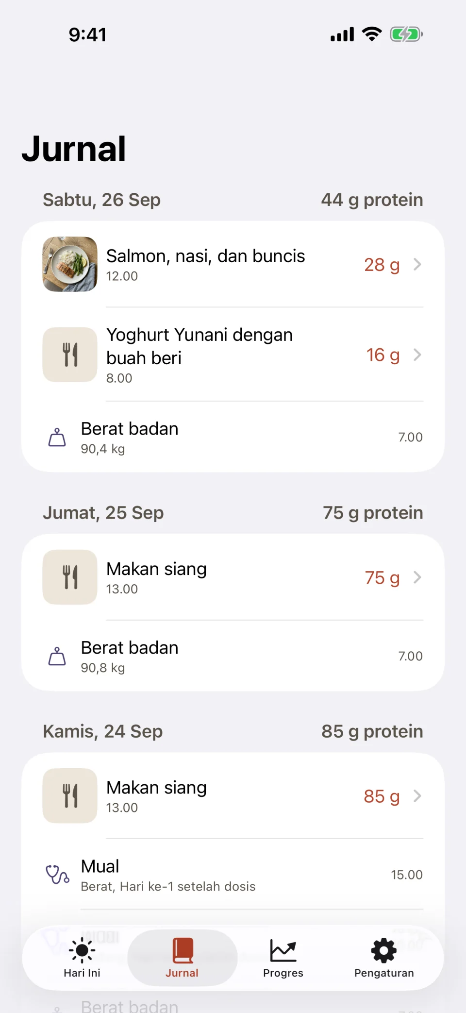 Tab Jurnal di Glutide: Sabtu dengan 44 gram protein dari salmon dengan nasi dan buncis serta dari yogurt Yunani dengan buah beri, ditambah satu catatan berat badan; Jumat dengan 75 gram; dan Kamis dengan 85 gram serta satu catatan mual dengan tingkat Berat, hari ke-1 setelah dosis.