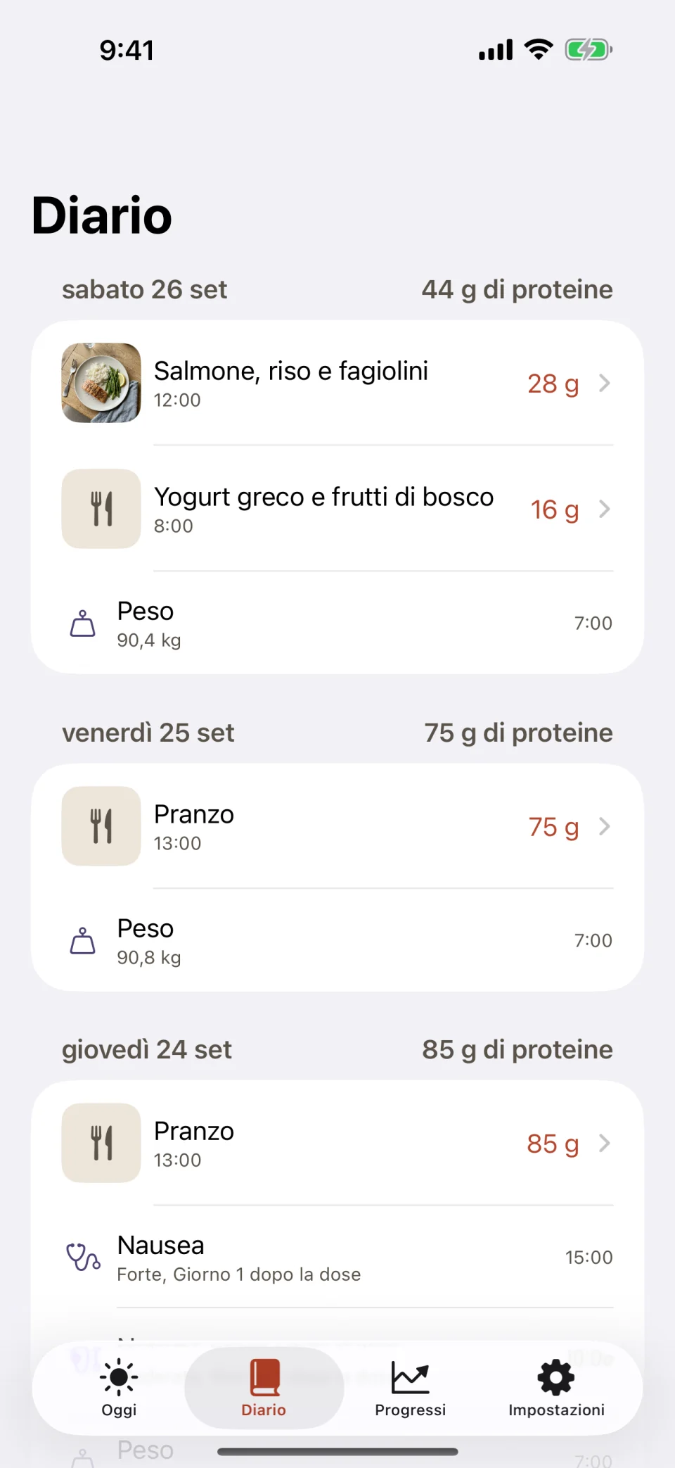 La scheda Diario di Glutide: sabato con 44 grammi di proteine da salmone con riso e fagiolini e da yogurt greco con frutti di bosco, più una pesata, venerdì con 75 grammi, e giovedì con 85 grammi e una nausea registrata con intensità forte, giorno 1 dopo la dose.
