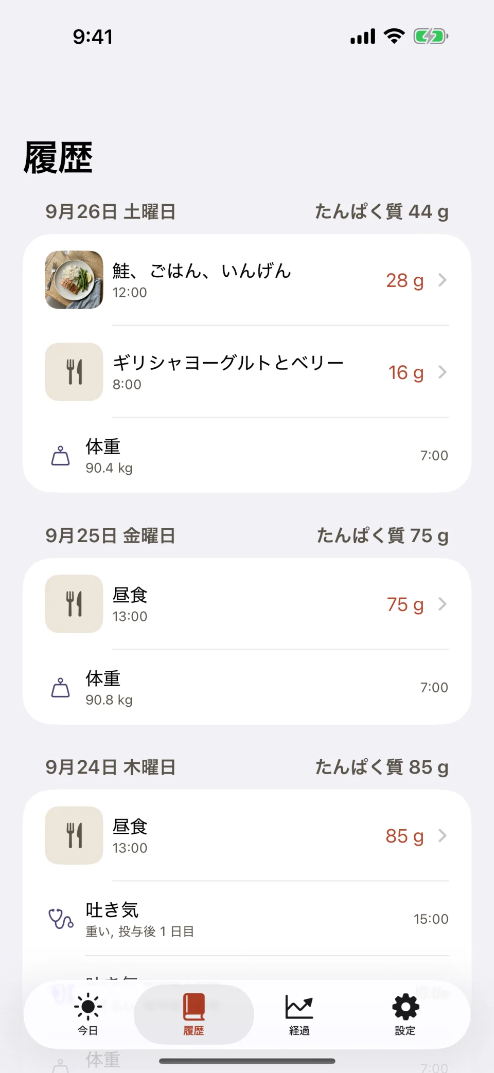 Glutide の「履歴」タブ。土曜日は、焼き鮭とごはんとさやいんげん、ベリー入りギリシャヨーグルトでたんぱく質 44 g と、体重の記録が1件。金曜日は 75 g。木曜日は 85 g と、投与後1日目に記録した吐き気(程度は「重い」)が1件です。