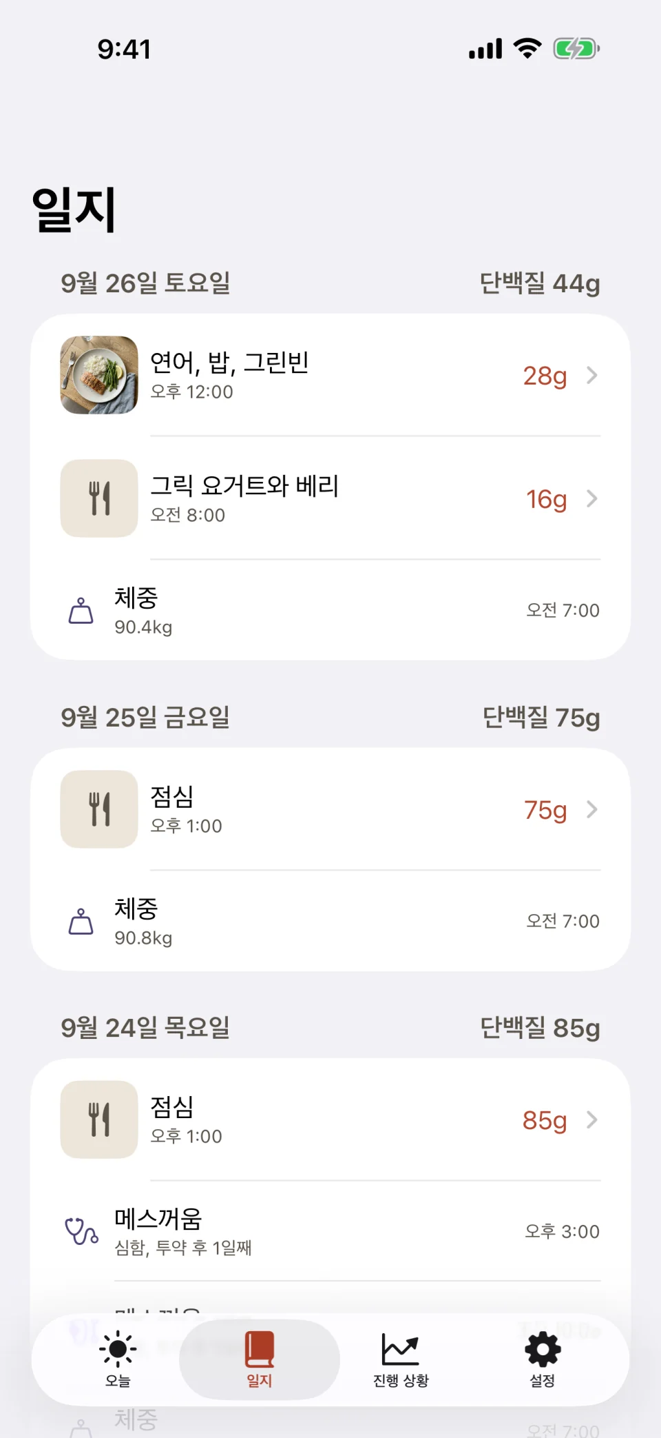 Glutide의 '일지' 탭이에요. 토요일은 연어와 밥과 껍질콩, 베리를 곁들인 그릭요거트로 단백질 44g이고 체중 측정이 1건 있어요. 금요일은 75g이에요. 목요일은 85g이고, 투약 후 1일째에 기록한 메스꺼움이 '심함'으로 표시되어 있어요.