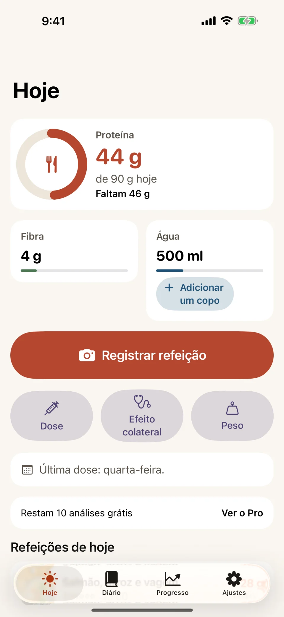 A tela Hoje do Glutide: um anel de proteína em 44 de 90 gramas, barras de fibra e de água, um botão Registrar refeição, botões rápidos para Dose, Efeito colateral e Peso, e um aviso de que restam 10 análises grátis de refeição.