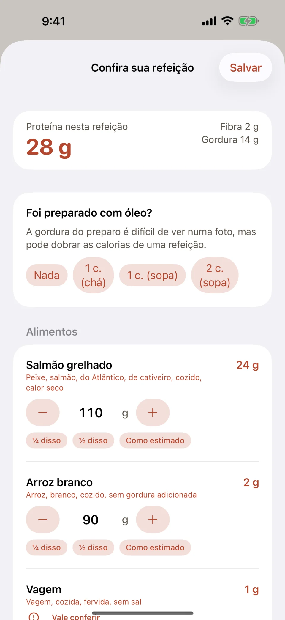 A tela Confira sua refeição do Glutide: 28 gramas de proteína para salmão grelhado, arroz branco e vagem, uma pergunta sobre óleo de cozinha com as opções Nada, 1 c. (chá), 1 c. (sopa) ou 2 c. (sopa), e cada alimento com um peso em gramas que pode ser aumentado, diminuído ou reduzido pela metade.