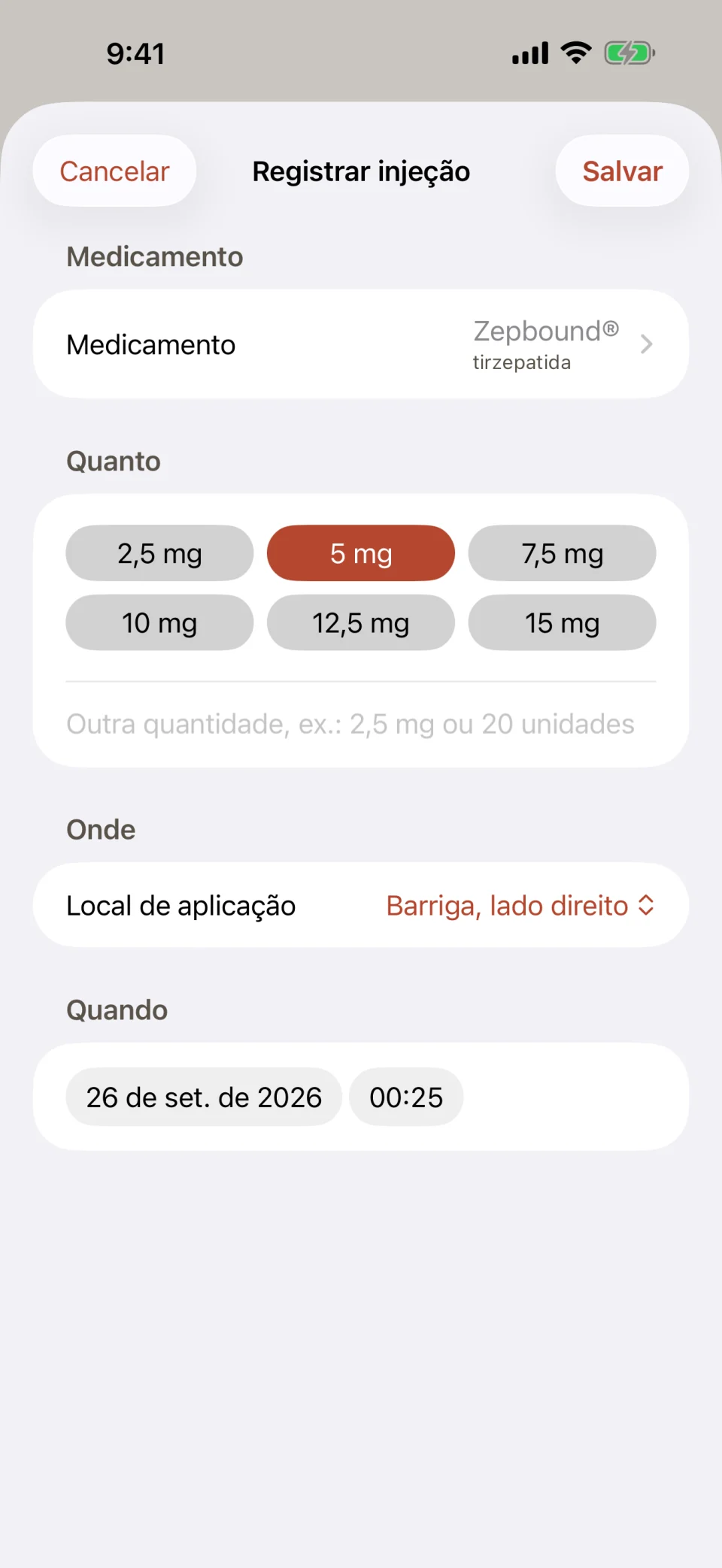 A tela Registrar injeção do Glutide: Zepbound (tirzepatida) como medicamento, botões de dose de 2,5 mg a 15 mg com 5 mg selecionado, o local de aplicação definido como Barriga, lado direito, e a data e o horário da dose.