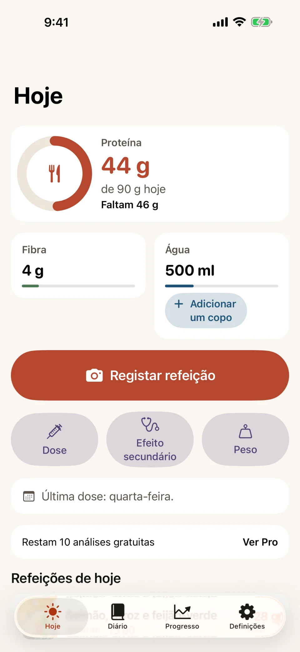 O ecrã Hoje do Glutide: um anel de proteína em 44 de 90 gramas, barras de fibra e de água, um botão Registar refeição, botões rápidos para Dose, Efeito secundário e Peso, e um aviso de que restam 10 análises gratuitas de refeição.