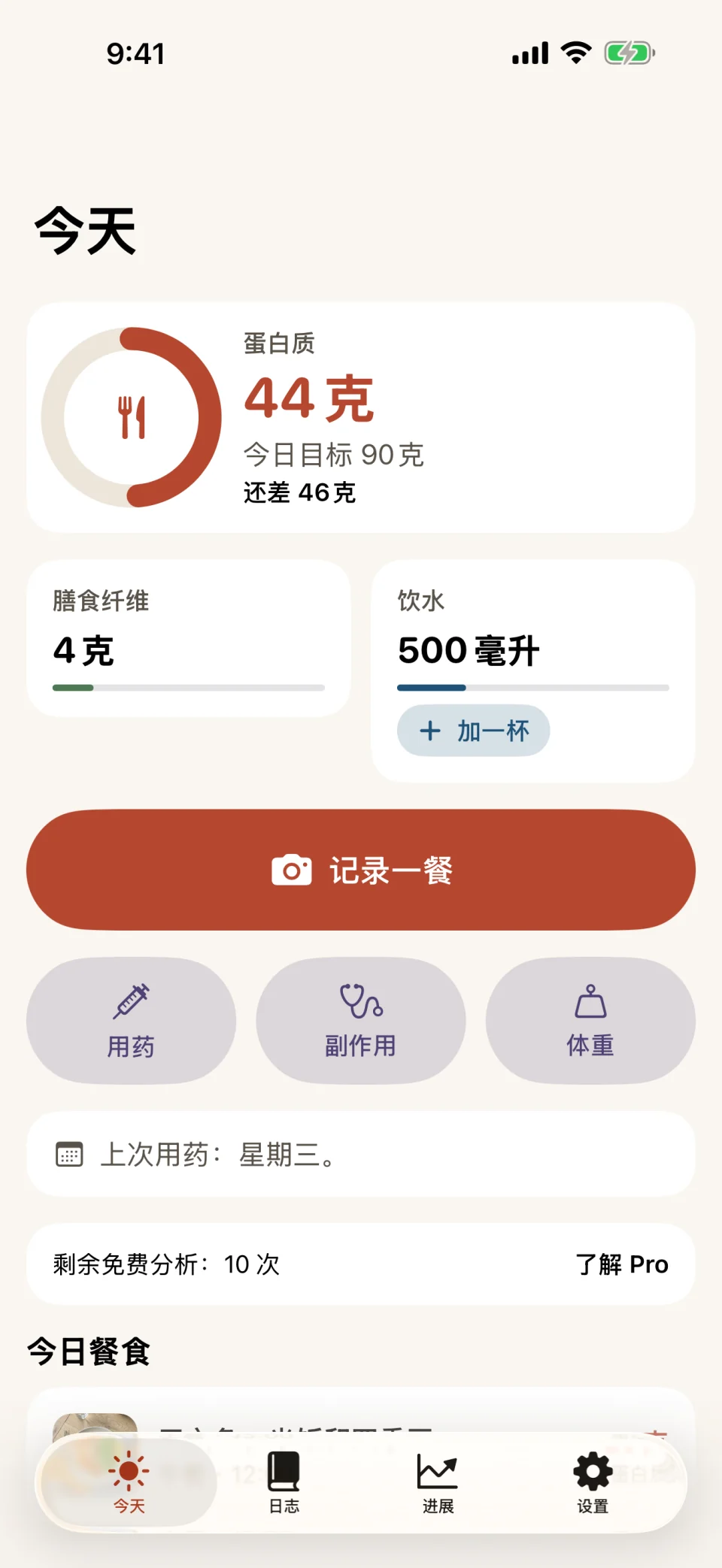 Glutide 中的“今天”界面:蛋白质圆环显示 44 克(目标 90 克),有膳食纤维和饮水的进度条,一个“记录一餐”按钮,“用药”“副作用”“体重”三个快捷按钮,以及一条提示:剩余免费分析 10 次。